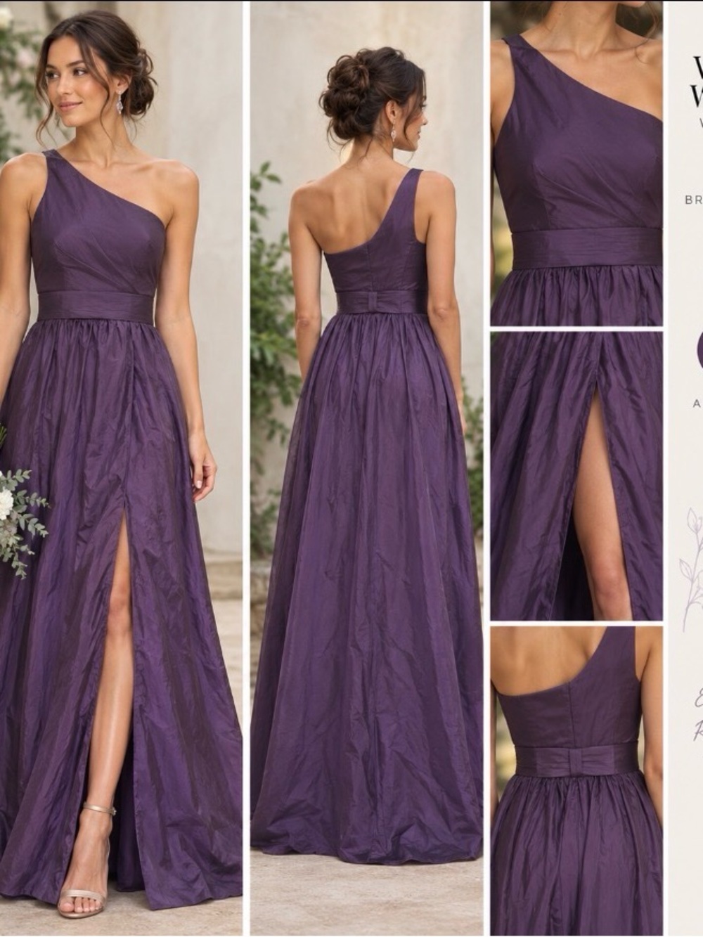 White by Vera Wang One-Shoulder Amethyst Bridesmaid Prom Column Slit Gown Size 4